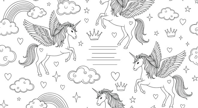 Enchanting pattern of winged unicorns or pegasus flying through clouds and stars with rainbows and hearts for a magical nursery wallpaper.