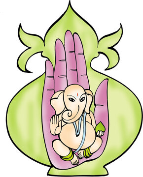 Divine illustration of Lord Ganesha inside a hand gesture silhouette with a blooming lotus.