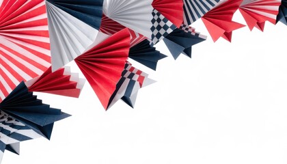 Fototapeta premium Close up view of red white and blue geometric fabric or paper patterns creating a vibrant design