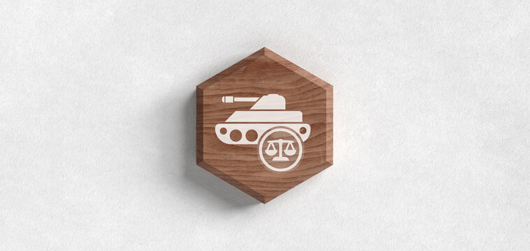 A 3D wooden hexagon panel featuring a white tank icon combined with a balance scale symbol, representing military law, international justice, and legal conflict regulations in war