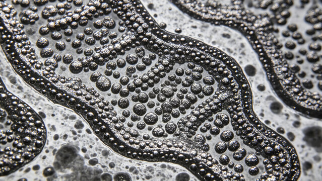 A primitive transmission electron micrograph of the rough endoplasmic reticulum of plasma cells, showing characteristic ribosomes attached to the membrane.