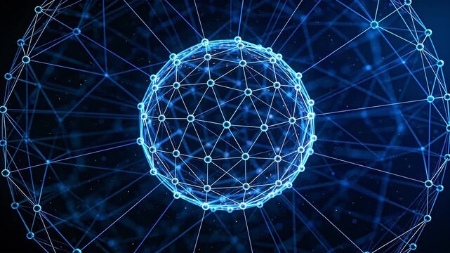 Blue glowing spherical network structure with nodes and lines on dark background