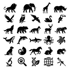 Obraz premium Wild Animals and Sea Life Black Silhouette Asset Sheet