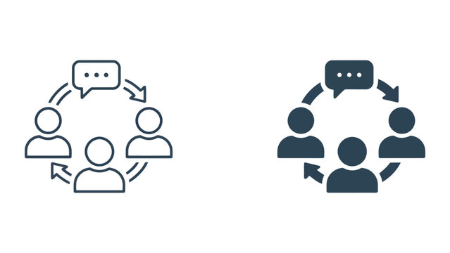 Team communication and project feedback loop vector icon with central team members and circular arrows for effective collaboration and business process improvement concepts