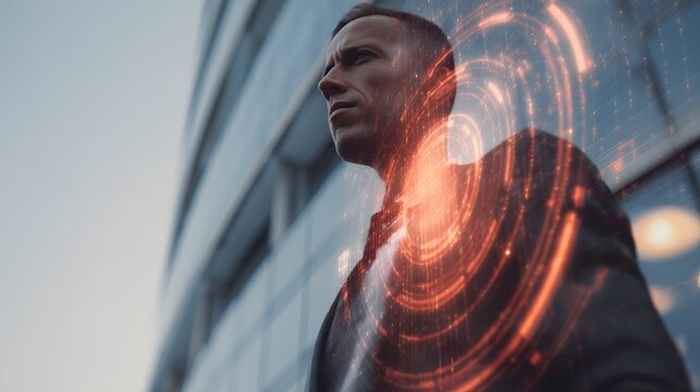 A pensive Caucasian man in a business suit stands outdoors, with digital effects creating a swirling light pattern around him.