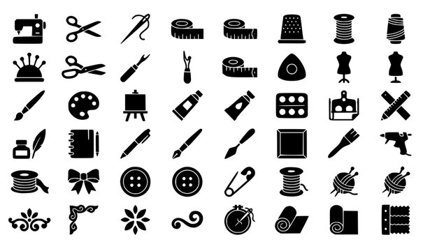 Sewing tailoring art and decorative glyph icon set with black solid vector symbols isolated on white background