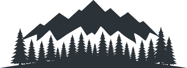 Mountain silhouette vector flat illustration with pine forest isolated on white background © MdJherulIslam