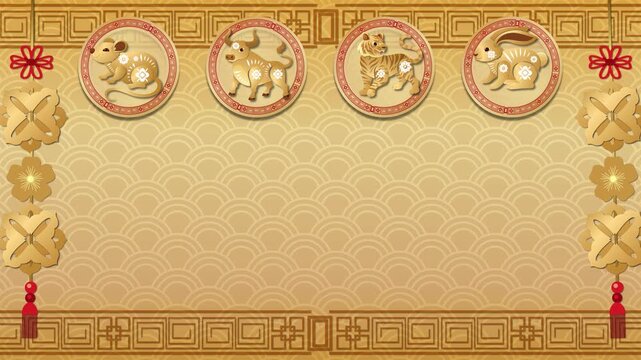 Golden Chinese Zodiac Symbols Animation with Traditional Decorative Elements