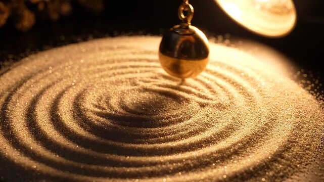 golden pendulum swinging over concentric sand ripples under warm spotlight