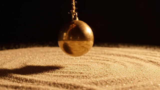 Golden pendulum swinging over glittering sand with dark background