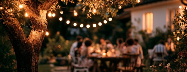 Fototapeta premium Outdoor party with people sitting at a table in courtyard lit by lanterns 