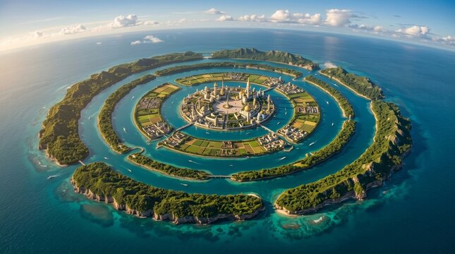 Aerial View of Futuristic Island City Surrounded by Ocean Waves