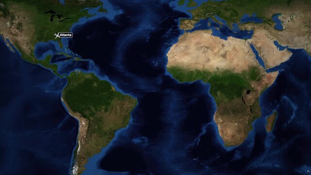 Animated Flight Map Route from Atlanta to Nairobi Over Atlantic Ocean