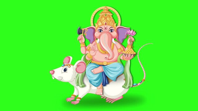 Animated Hindu Deity Ganesha Riding a White Rat on Green Screen