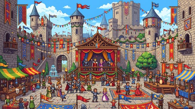 Vibrant medieval castle festival scene with dancing villagers and royalty on stage on white background