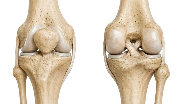 Human knee joint anatomy featuring anterior and posterior views isolated on a clean white background.