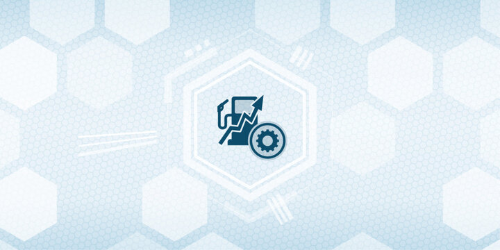 Abstract background featuring a gas station fuel pump icon combined with a rising arrow trend graph and a mechanical gear, concept for rising fuel costs and logistics