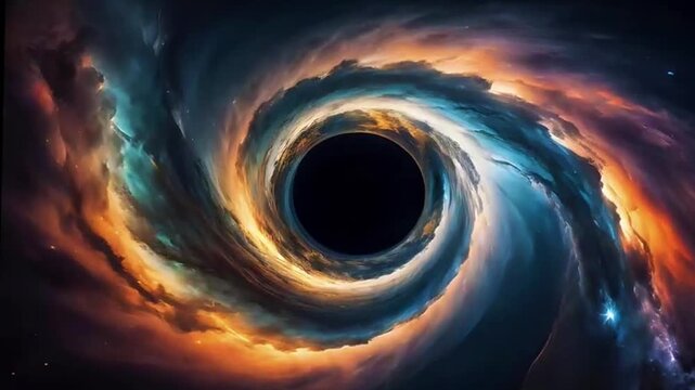 A stunning visualization of a black hole surrounded by a majestic swirling cosmic nebula.