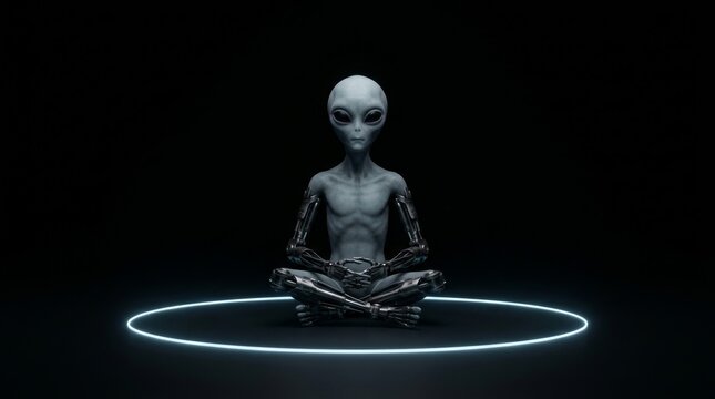Futuristic Alien Meditating in Dark Environment with Neon Halo