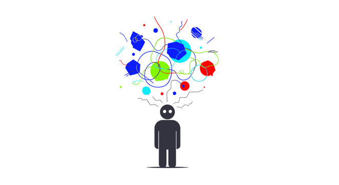 A black silhouette of a person with a chaotic, colorful explosion of lines and shapes above their head, symbolizing stress, confusion, or overwhelming thoughts.