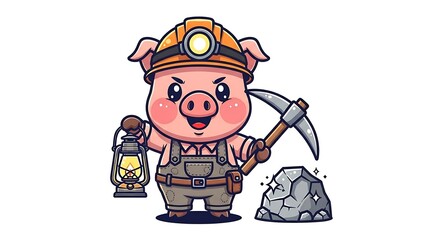 Cartoon construction worker with hard hat and tools.