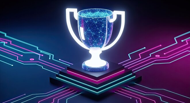 A glowing trophy sits on a futuristic circuit board with neon lights
