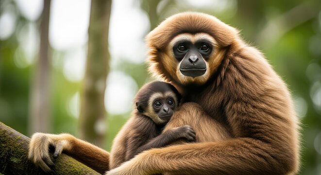 A mother monkey holds her baby on a tree branch in a forest.