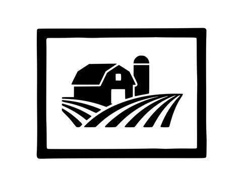 Black and white farm icon with barn silo and plowed fields in frame