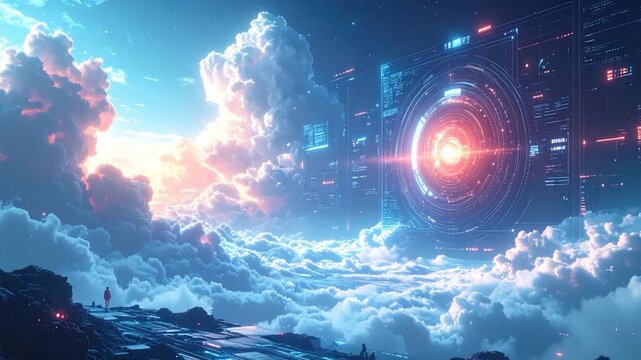 A lone figure on a digital landscape gazes at futuristic data portal above clouds