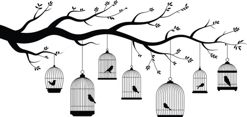 Black Silhouette of Tree Branch with Hanging Bird Cages and Birds on White Background untitled © mstharisa