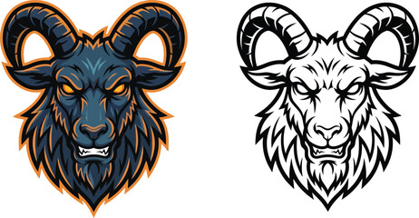 Fototapeta premium A fierce, detailed mascot illustration of a goat's head in color and a black and white outline version.