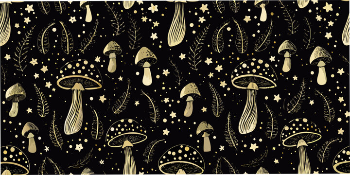 Mushroom and floral ornament a seamless dark vector pattern