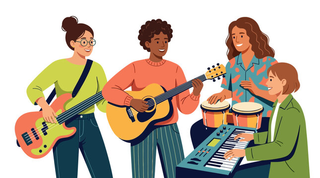 Diverse young musical band performing together with electric bass, acoustic guitar, bongo drums, and synthesizer keyboard in a flat vector illustration style isolated on white background.