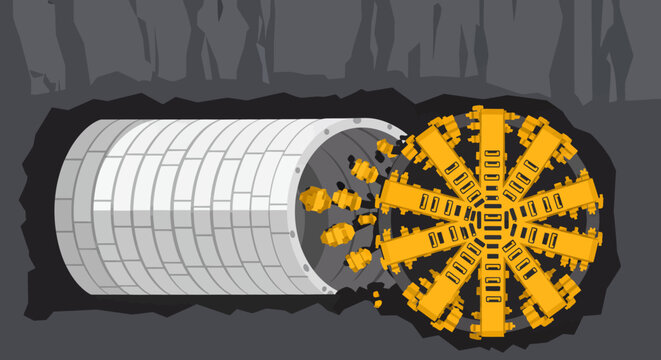 Heavy duty tunnel boring machine digging through rock underground