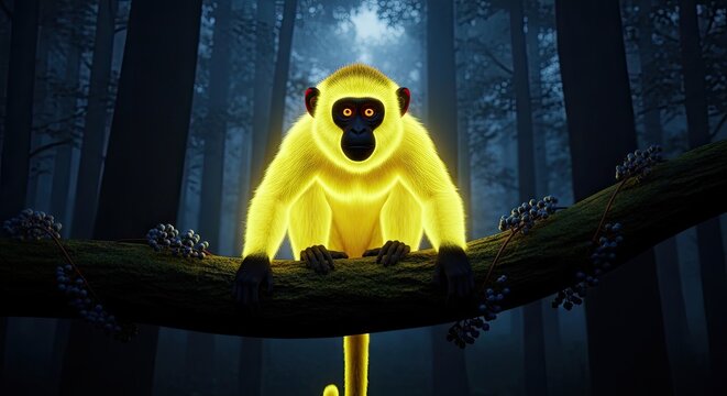 A glowing monkey sits on a branch in a dark forest at night