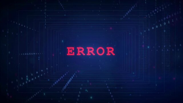 Digital System Error Message with Glitch Effect and Binary Code on Dark Blue Background