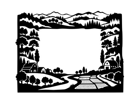 Black and white papercut style rural landscape frame with mountains and farms