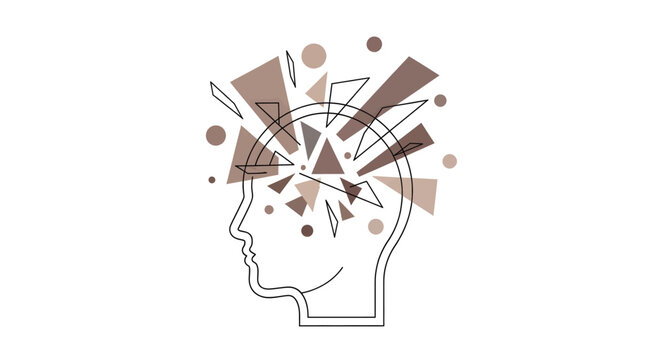 Abstract illustration of a human head with geometric shapes exploding, representing complex thoughts or mental stress.