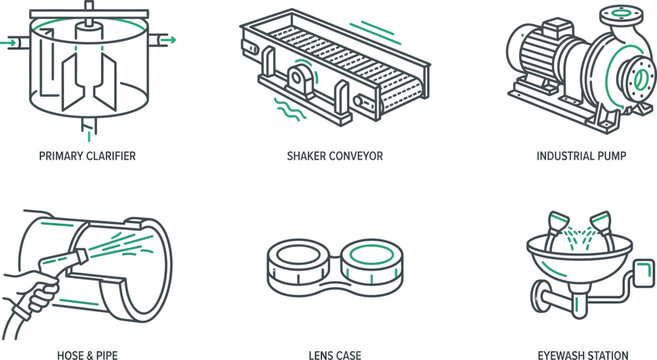 Collection of industrial equipment icons including primary clarifier shaker conveyor and industrial pump for engineering and manufacturing concepts