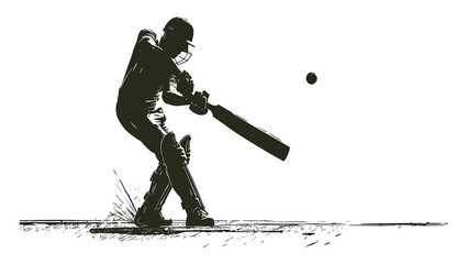 Cricket batsman executes a precise defensive shot with his bat against a small ball in this detailed monochromatic illustration. © Adam