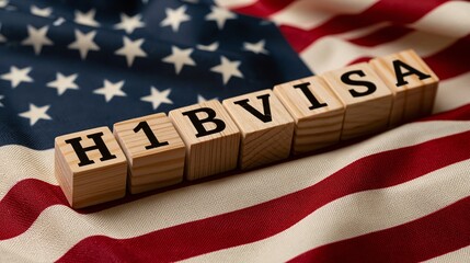 Fototapeta premium Wooden blocks spell H1B VISA on American flag. Blocks rest atop fabric with stars and stripes