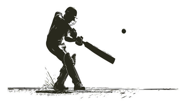 Cricket batsman executes a precise defensive shot with his bat against a small ball in this detailed monochromatic illustration.