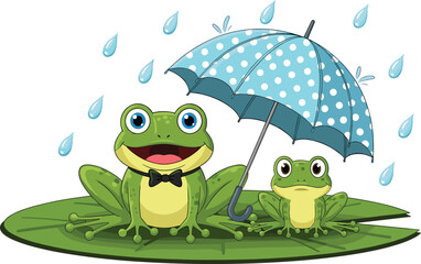 Obraz premium Cute cartoon frog family vector illustration featuring rainy day umbrella protection and cheerful wildlife character scene