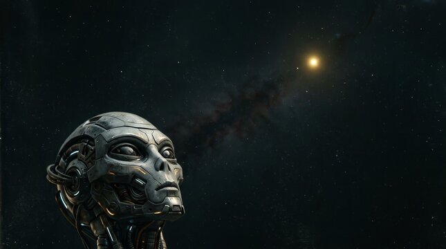 Futuristic Robot Contemplating Cosmic Wonder in Deep Space