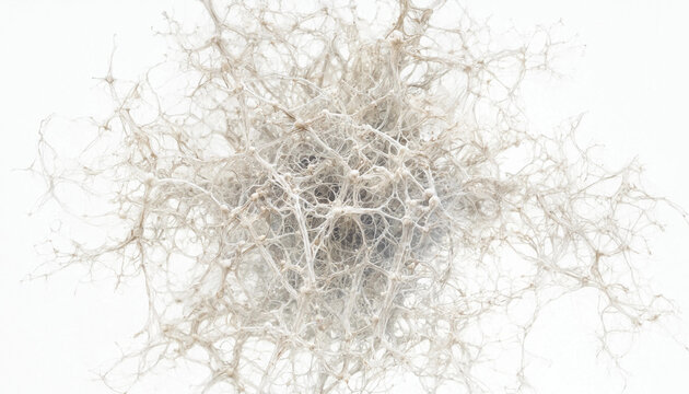 Macro view of a white organic network structure resembling a neural web or root system isolated on a clean white background, intricate