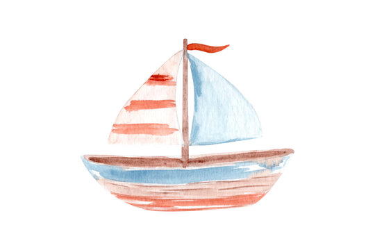 Toy sailboat watercolor illustration in soft coastal nursery style. Hand-painted nautical clipart isolated on white background, ideal for beach themes, children's decor, stationery, patterns, branding