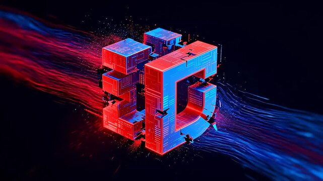 3D number 30 built with red and blue circuit blocks and glowing particles