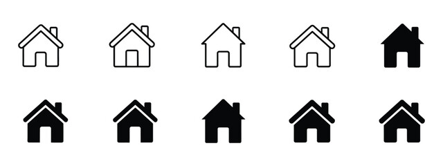 Web home icon set featuring house symbols in thin line, stroke, filled, and outline styles for website and application interfaces. ©  