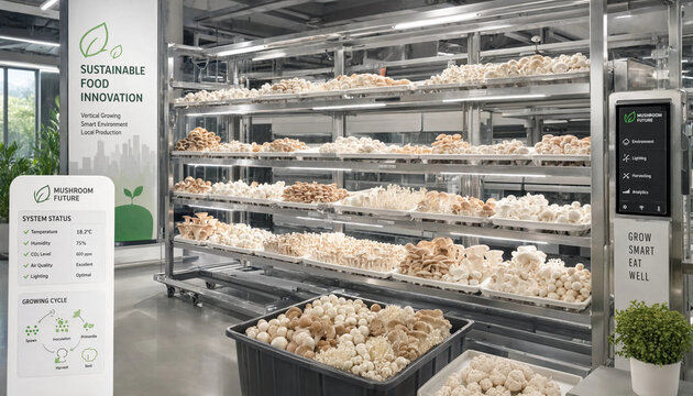 Modern vertical mushroom cultivation facility with shelves of fungi, digital monitoring system, and sustainable food innovation signage
