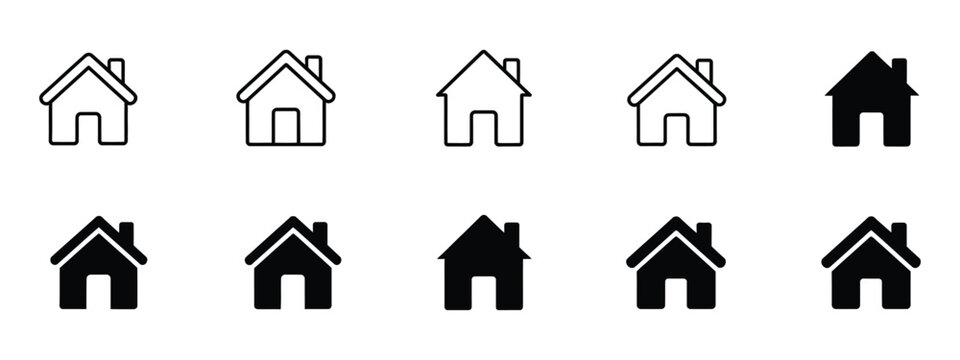 Web home icon set featuring house symbols in thin line, stroke, filled, and outline styles for website and application interfaces.